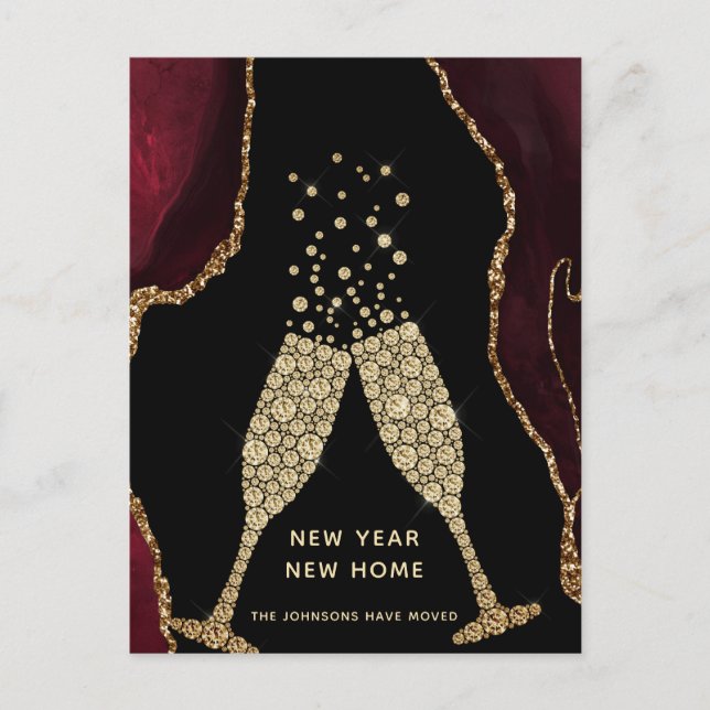 Champagne Toast New Year New Home Burgundy Agate Holiday Postcard (Front)