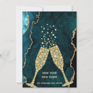 Champagne Toast New Year New Home Teal Gold Holiday Card