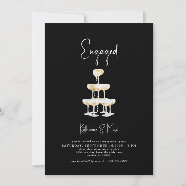 Champagne Tower Black Engagement Party  Invitation (Front)