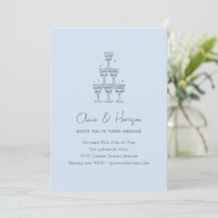 Champagne Tower Doodle Cool Blue Wedding Invitation