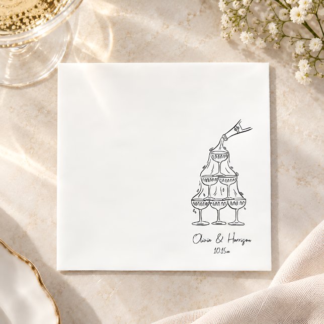 Champagne Tower Doodle Wedding Script Names Napkin (Creator Uploaded)