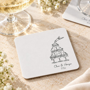 Champagne Tower Doodle Wedding Script Names Square Paper Coaster