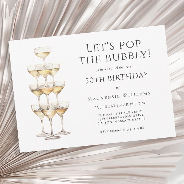 Champagne Tower Elegant 50th Birthday Party Invitation (Available in both printed and instant download digital formats.)
