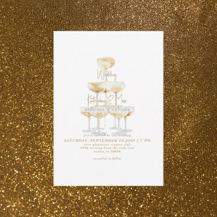 Champagne Tower Gold Text Wedding Invitation