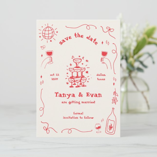 Champagne Tower Hand Drawn Fun Disco Wedding Save The Date (Standing Front)