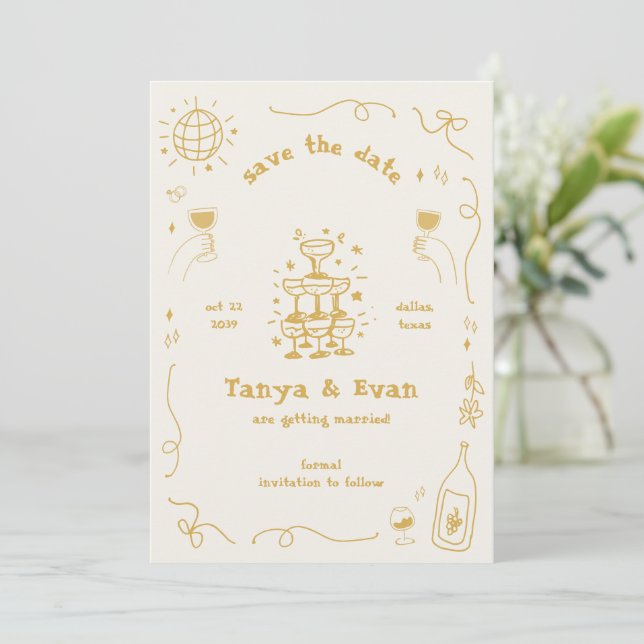 Champagne Tower Hand Drawn Fun Disco Wedding Save The Date (Standing Front)