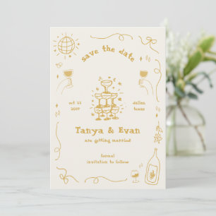 Champagne Tower Hand Drawn Fun Disco Wedding Save The Date