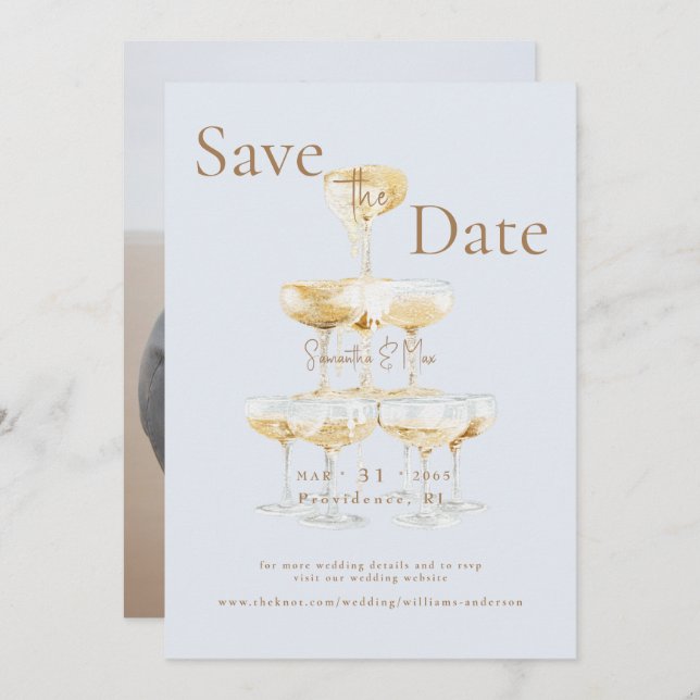 Champagne Tower Icy Blue Photo Save the Date (Front/Back)