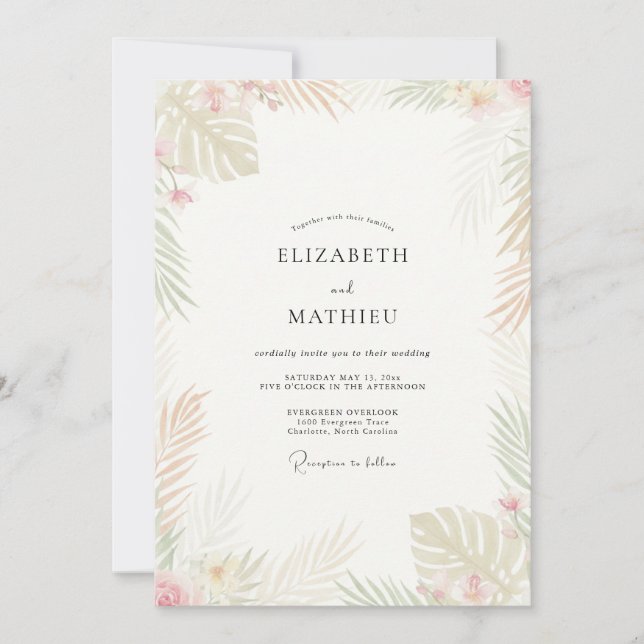 Champagne Tropical Palm Eucalyptus Wedding Invitation (Front)