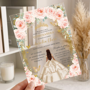 Champagne Vintage Gold Blush Floral Quinceañera Acrylic Invitations