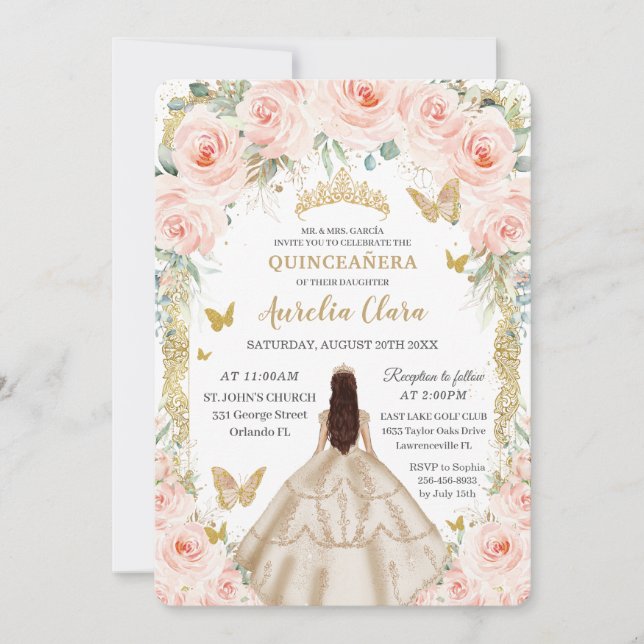 Champagne Vintage Gold Blush Floral Quinceañera Invitation (Front)