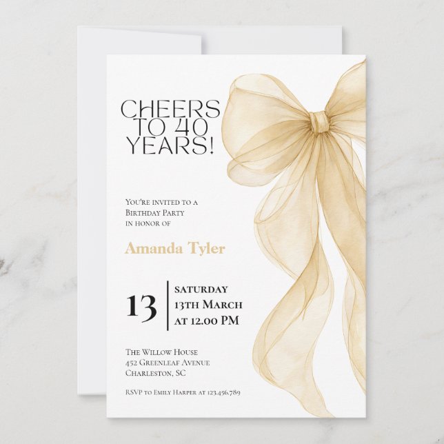 Champagne Watercolor Bow 40th Birthday Invitation (Front)