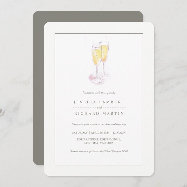 Champagne watercolor glasses wedding invitations (Front/Back)