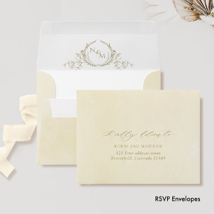 Champagne Watercolor RSVP w/ Return Address Crest Envelope
