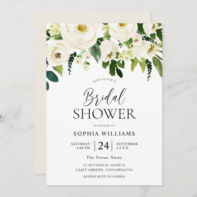 Champagne White Blooming Flowers Bridal Shower Invitation (Front/Back)