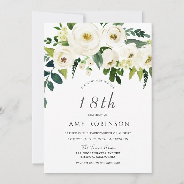 Champagne White Floral Elegant 18th Birthday Party Invitation (Front)
