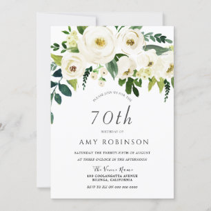 Champagne White Floral Elegant 70th Birthday Party Invitation