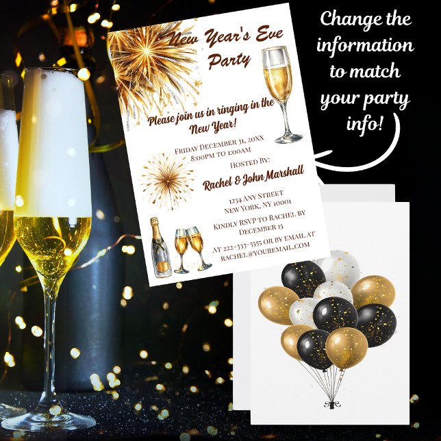 Champagne White & Gold New Year's Eve Invitation (Send out your New Year's Eve Party invitation with style and elegance!)
