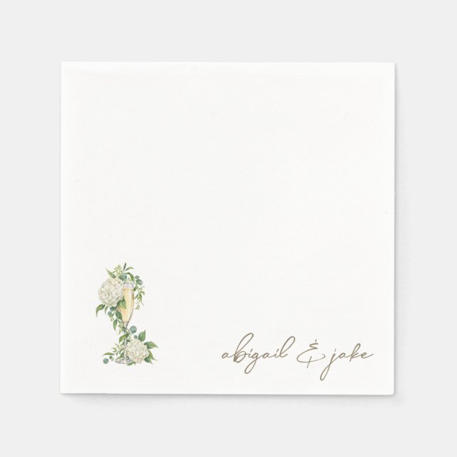 Champagne White Hydrangeas Script Names Wedding  Napkin (Front)