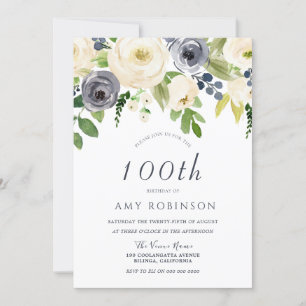 Champagne White & Navy Floral 100th Birthday Party Invitation