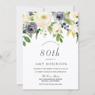 Champagne White & Navy Floral 80th Birthday Party Invitation