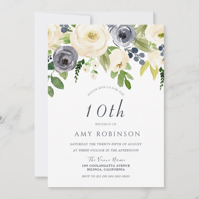 Champagne White & Navy Floral Girls Birthday Party Invitation (Front)