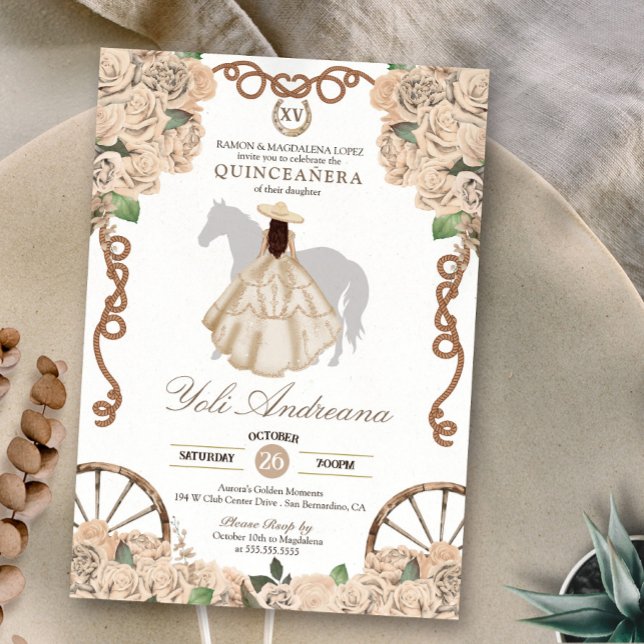 Champagne White Rose Cream Charro Quinceanera Invitation (Creator Uploaded)