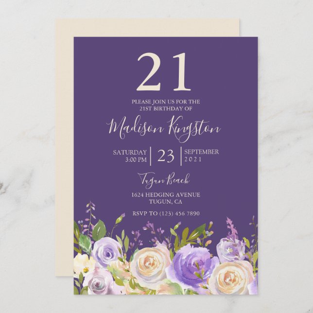 Champagne White Rose Purple 21st Birthday Party Invitation (Front/Back)