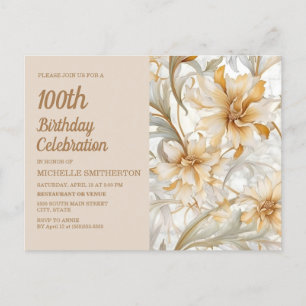Champagne Yellow Floral Women's 100th Birthday Invitation Postcard