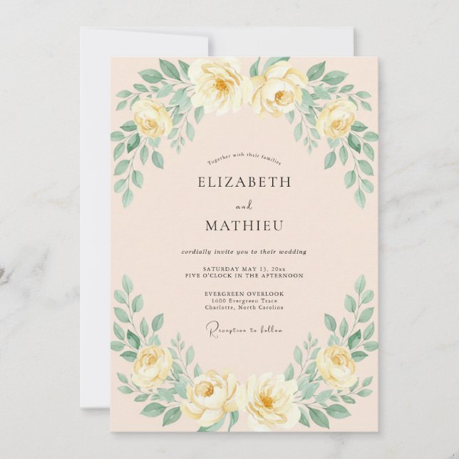 Champagne Yellow Foliage Muted Eucalyptus Wedding Invitation (Front)