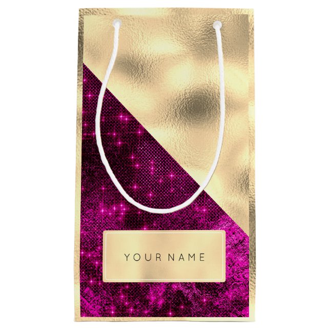 Champaigne Faux Gold Name Spark Fuchsia Pink Small Gift Bag (Front)