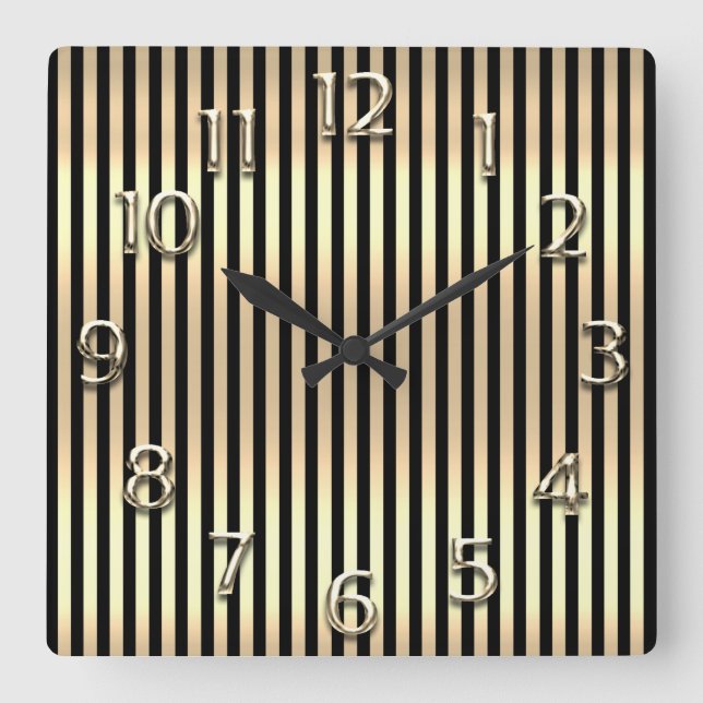 Champaigne Gold Arabic Numbers Black Stripes Square Wall Clock (Front)