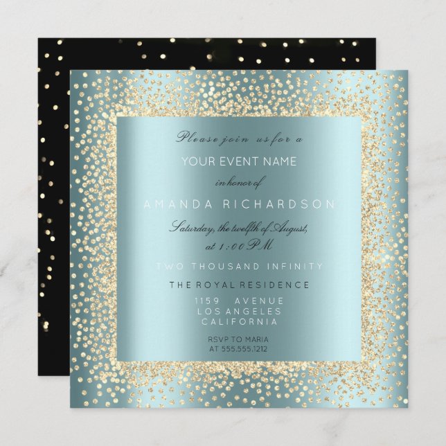 Champaigne Gold Glitter Black Aqua Blue Confett Invitation (Front/Back)