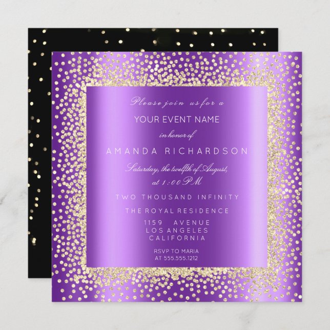 Champaigne Gold Glitter Black Confetti Purple Plum Invitation (Front/Back)
