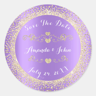 Champaigne Gold Glitter Save the Date Purple Classic Round Sticker