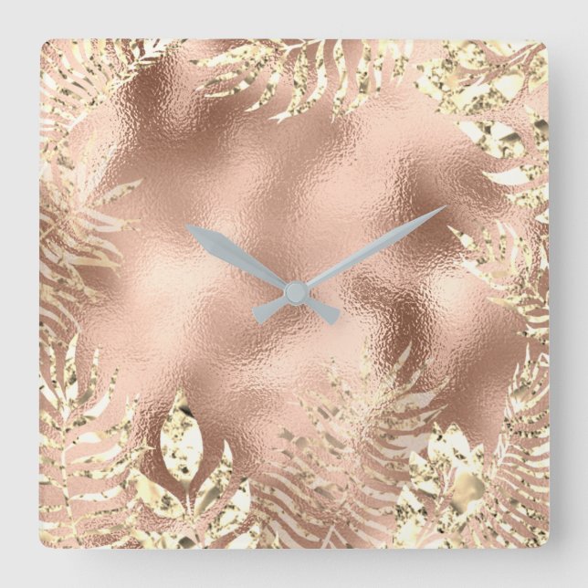 Champaigne Gold Palm Leafs Metal Blush Skinny Square Wall Clock (Front)