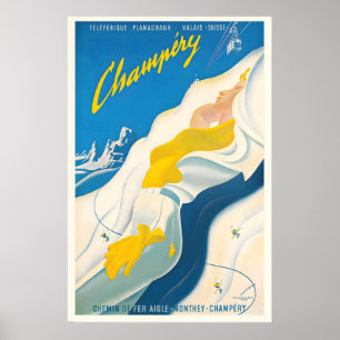 Champery Valais Switzerland Suisse Vintage Ski Poster