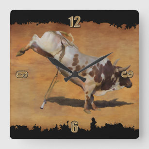 Champion Bucking Rodeo Bull on faux Parchment Square Wall Clock