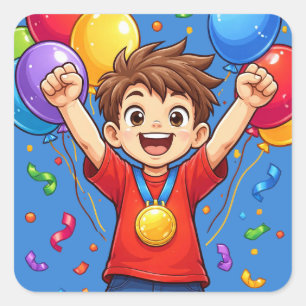 Champion Kid Celebration Balloons Confetti Square Sticker