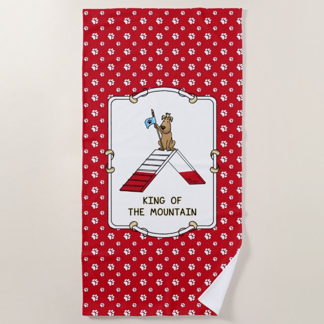 Champion king of the mountain dog agility funny beach towel (Front)