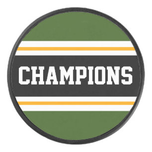 CHAMPIONS Fun Bold Green Black Hockey Stripes Puck