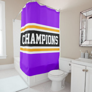 CHAMPIONS Fun Bright Purple Black Racing Stripes Shower Curtain