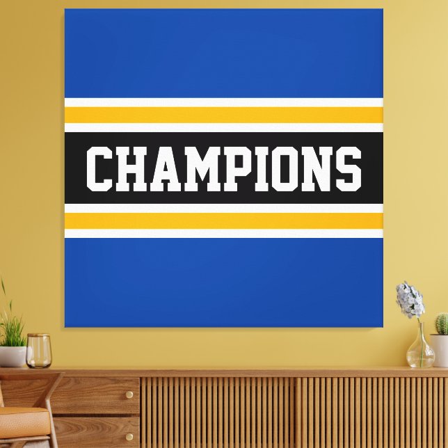 CHAMPIONS Sporty Bold Blue Black Yellow Stripes Canvas Print (Insitu(LivingRoom))
