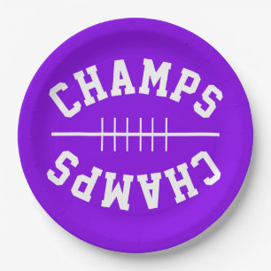 CHAMPS Football Shaped Text On Bright Purple Paper Plate