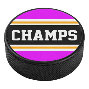 CHAMPS Fun Bright Pink Black Yellow Racing Stripes Hockey Puck