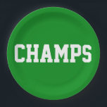 CHAMPS Fun Sporty White Text On Bright Green Paper Plate<br><div class="desc">This sporty design features athletic CHAMPs white text against bright green background.   The colors and text in this design can be personalized.</div>