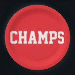 CHAMPS Fun Sporty White Text On Bright Red Paper Plate<br><div class="desc">This sporty design features athletic CHAMPS white text against bright red background.   The colors and text in this design can be personalized.</div>