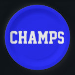 CHAMPS Fun Sporty White Text On Bright Royal Blue Paper Plate<br><div class="desc">This sporty design features athletic CHAMPS white text against bright royal blue background.   The colors and text in this design can be personalized.</div>
