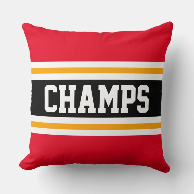 CHAMPS Sporty Bright Red Black Yellow Stripes Cushion (Front)