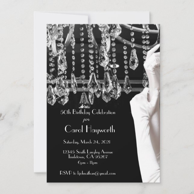 Chandelier 50th Birthday Celebration Black White Invitation (Front)